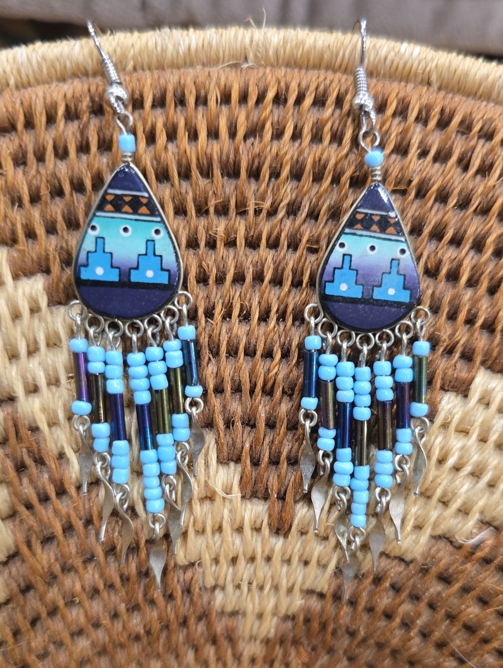 Southwestern Aqua Blue Native American Beaded Fringe Earrings